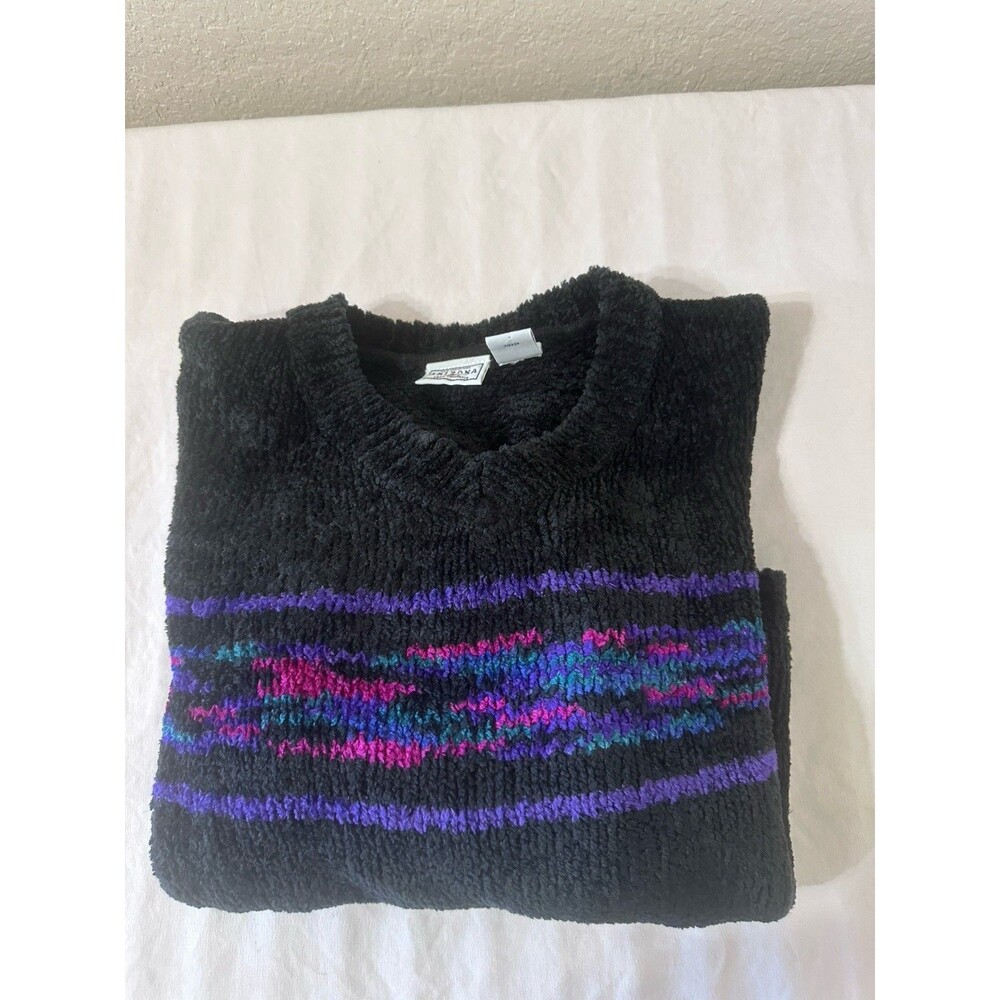 Vintage 90’s Retro Black W/ Splash Of Color Chenille Arizona Jeans Sweater